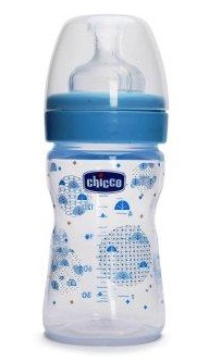 Бутылочка Chicco Well-Being Boy 150 мл с силиконовой соской, голубая,  0 мес+  